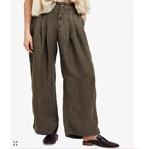 Free People Orion Utility Slouchy Wide Leg Linen Pants Olive Green Size 4